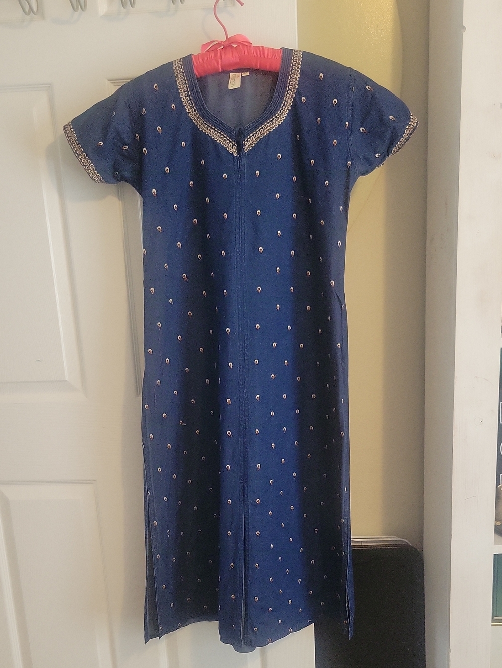 Chintamani's Creations Silk Denim Dress/Cover/Kurta- Blue Embroidered accents